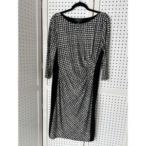 Lauren Ralph Lauren Sz 16 Geo Print 3/4 SLV Black White Stretch Cinch Dress